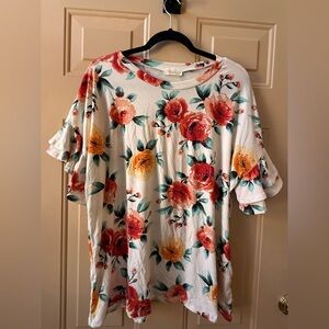 Belldini Floral Short Sleeve Top - Red, Orange, White